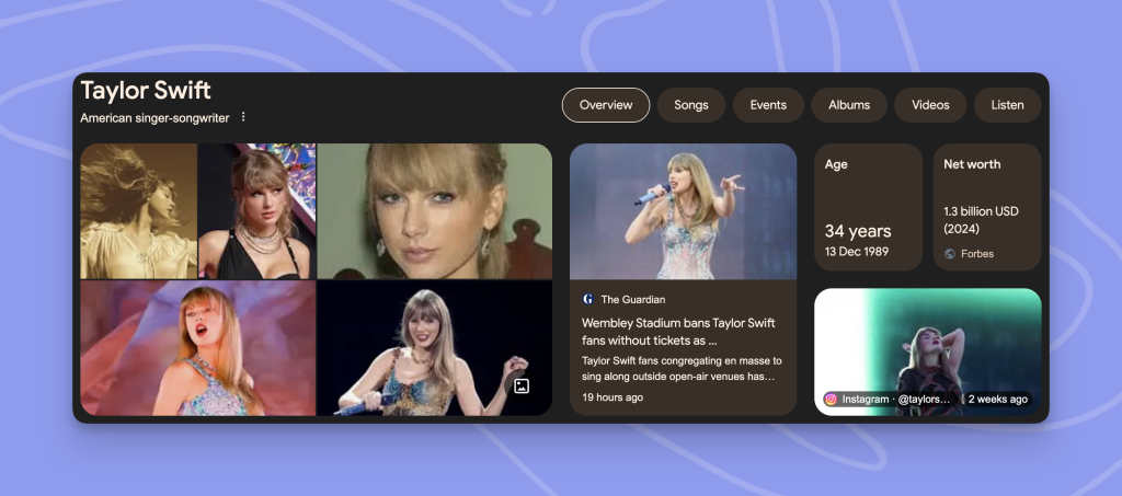 Taylor Swift Google Knowledge Panel