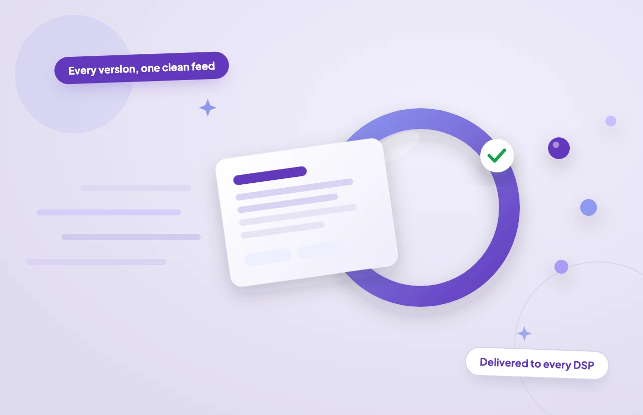 illo3-ddex-seq-l A clean DDEX feed document glides through a luminous delivery ring, validated with a checkmark, out toward glossy platform dots — every version, one clean feed delivered to every DSP