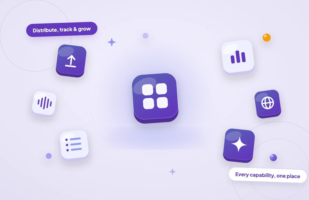 Site art: features-hub-platform.webp A floating mosaic of rounded app tiles at varied depths and angles — a central gradient tile bearing a 2x2 grid mark, ringed by tiles for upload, analytics, catalog, waveform, promotion and worldwide reach — the platform's capabilities gathered in one place