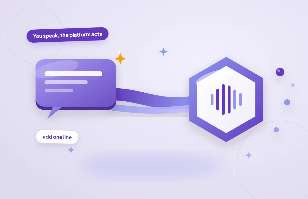 Chat bubble streaming a ribbon into a waveform core — natural language driving music distribution