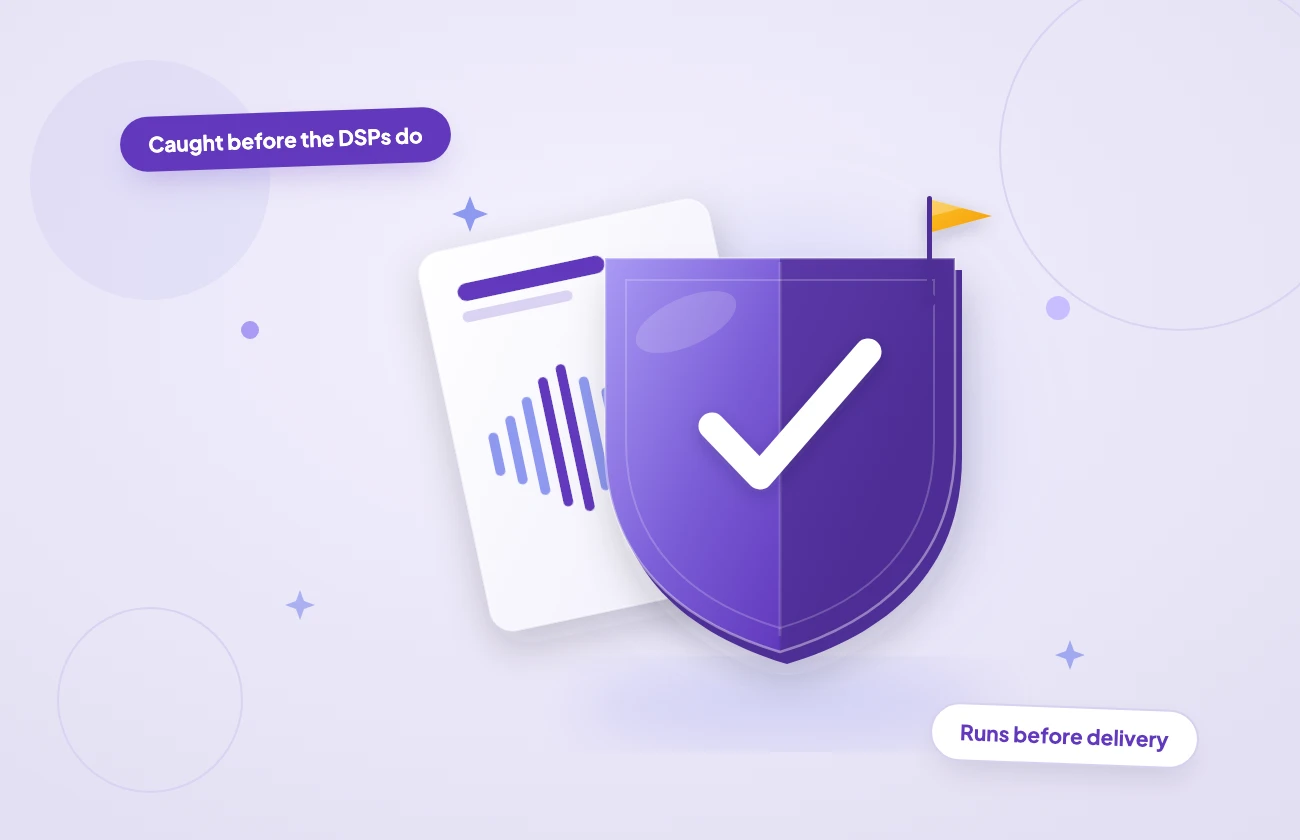 Industry Compliance Badges A soft-3D quality-control shield bearing a bold white check stands in front of a leaning waveform sheet, with one small amber issue flag caught on its edge — Preflight QC clearing a master before it reaches the DSPs