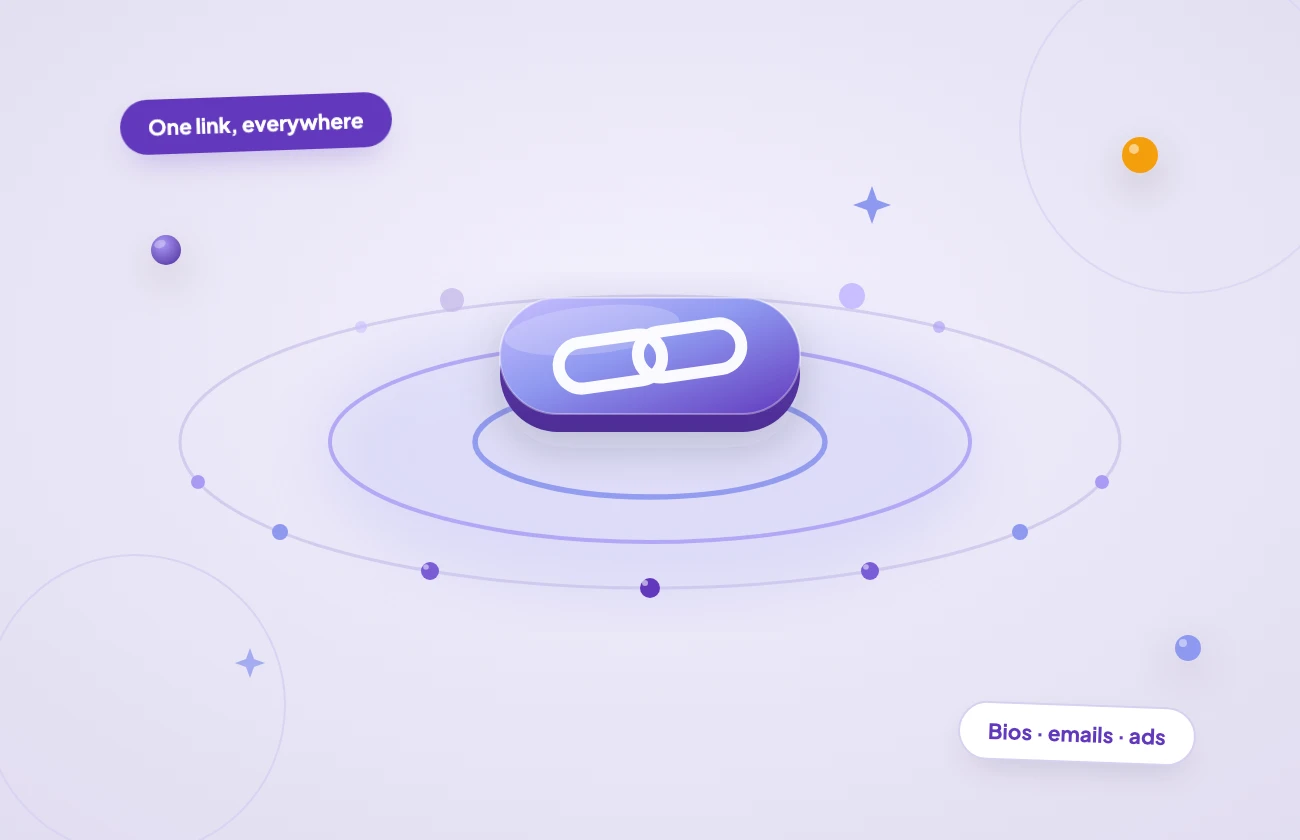 illo3-promo-console-l A pill-shaped 3D link chip broadcasting concentric flat ripple rings outward to tiny audience dots, one shareable link reaching fans everywhere