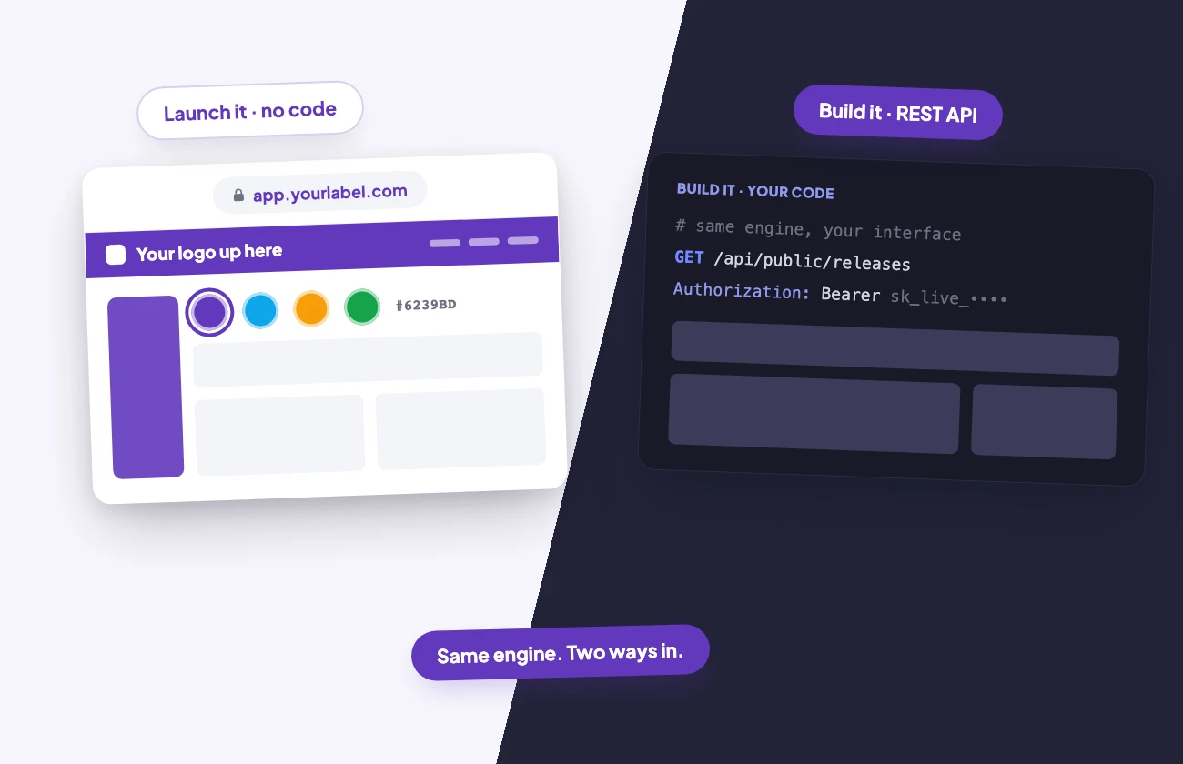 illo2-whitelabel Launch a branded platform on your own domain in your colors, or build against the same REST engine