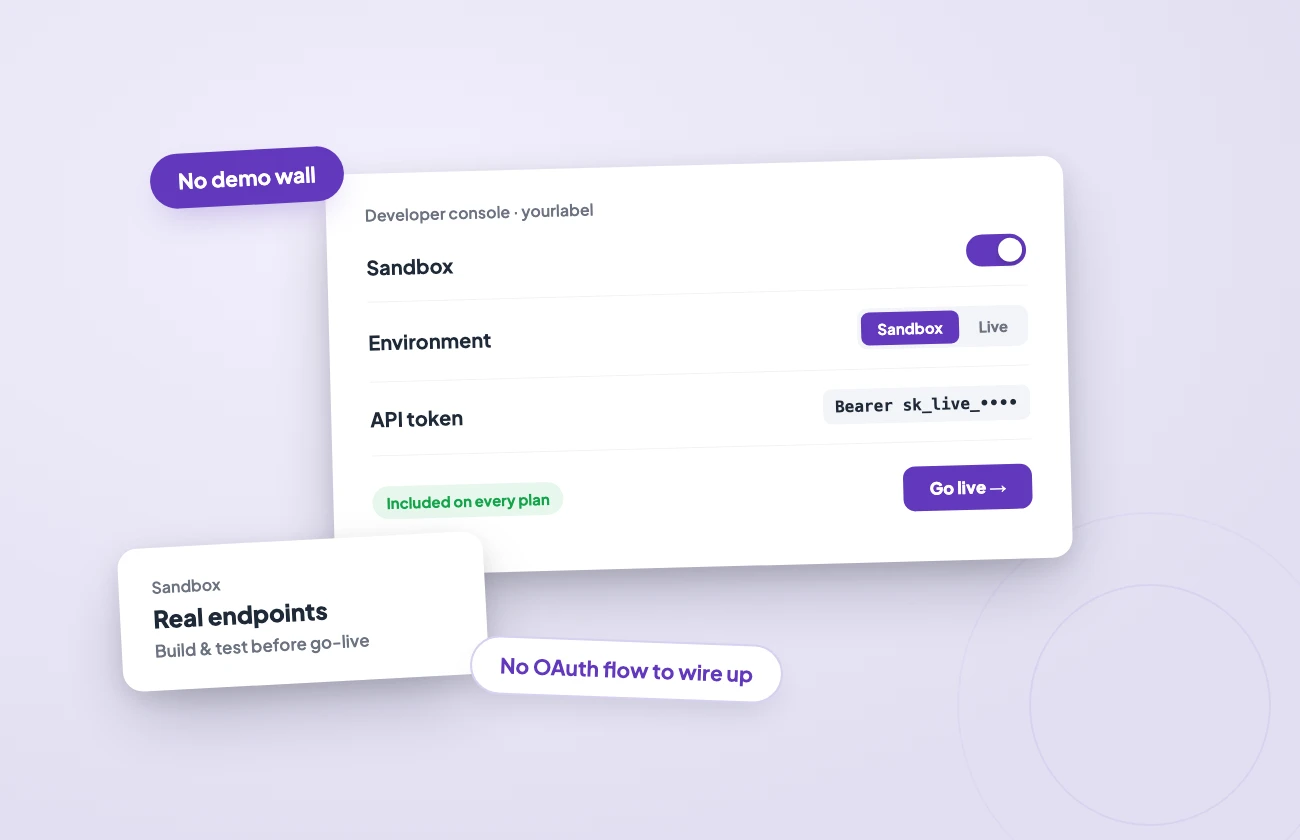 illo2-devex A developer console: sandbox on, bearer token, go live — real endpoints with no demo wall